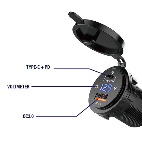 Presa USB Da 12 V Con Doppia Ricarica Rapida, Voltmetro E Interruttore Di Alimentazione~p138433467