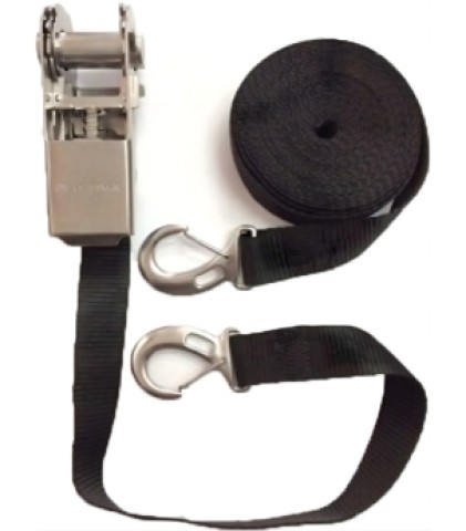 Stainless steel ratchet with black strap, 25 mm, 4.5 m, hooks (09.249.01)