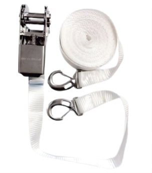 Stainless steel ratchet with white strap 25 mm 4.5 m hooks (09.249.01)